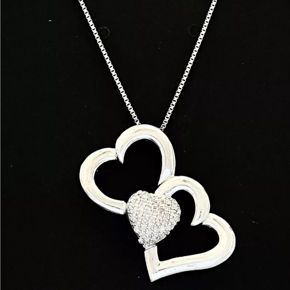 Signed Sterling Silver 925 50 Diamond 3 Hearts Open Heart Pendant Chain Necklace - Picture 4 of 4
